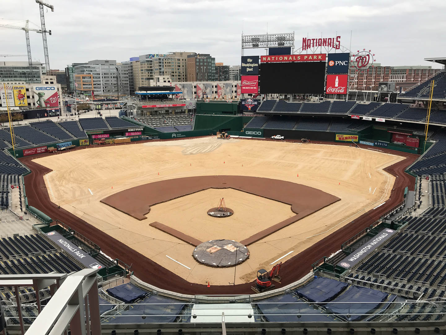 A baseball field undergoing maintenance with the infield dirt exposed, located at Nationals Park. Scaffolding and machinery are visible, indicating construction or renovation work. Stadium seating surrounds the field.