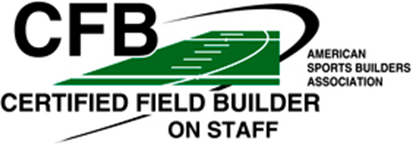 Logo of the American Sports Builders Association featuring the text "CFB Certified Field Builder on Staff" beside a graphic of a sports field.