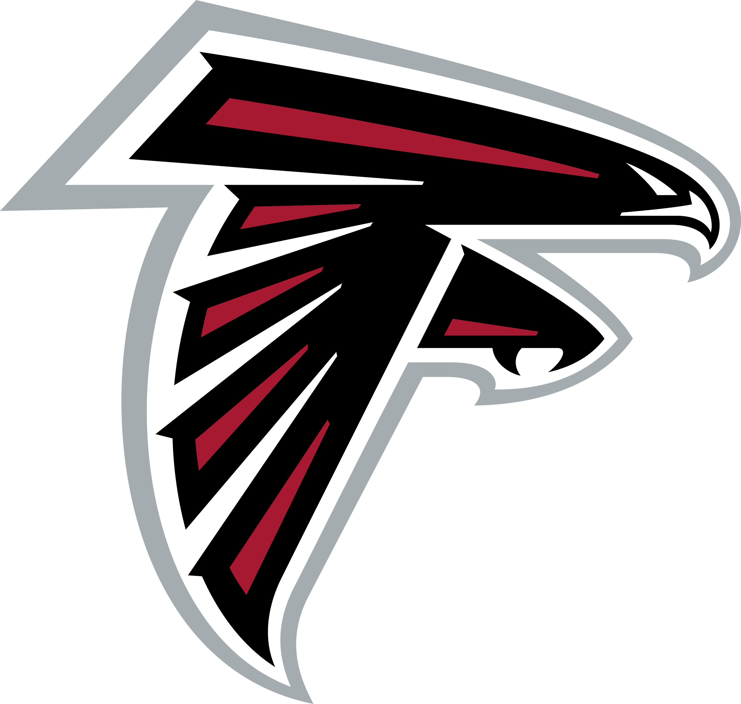 The image shows the logo of an NFL team, featuring a stylized black and red falcon with silver outlines, positioned in a dynamic, angular design form.