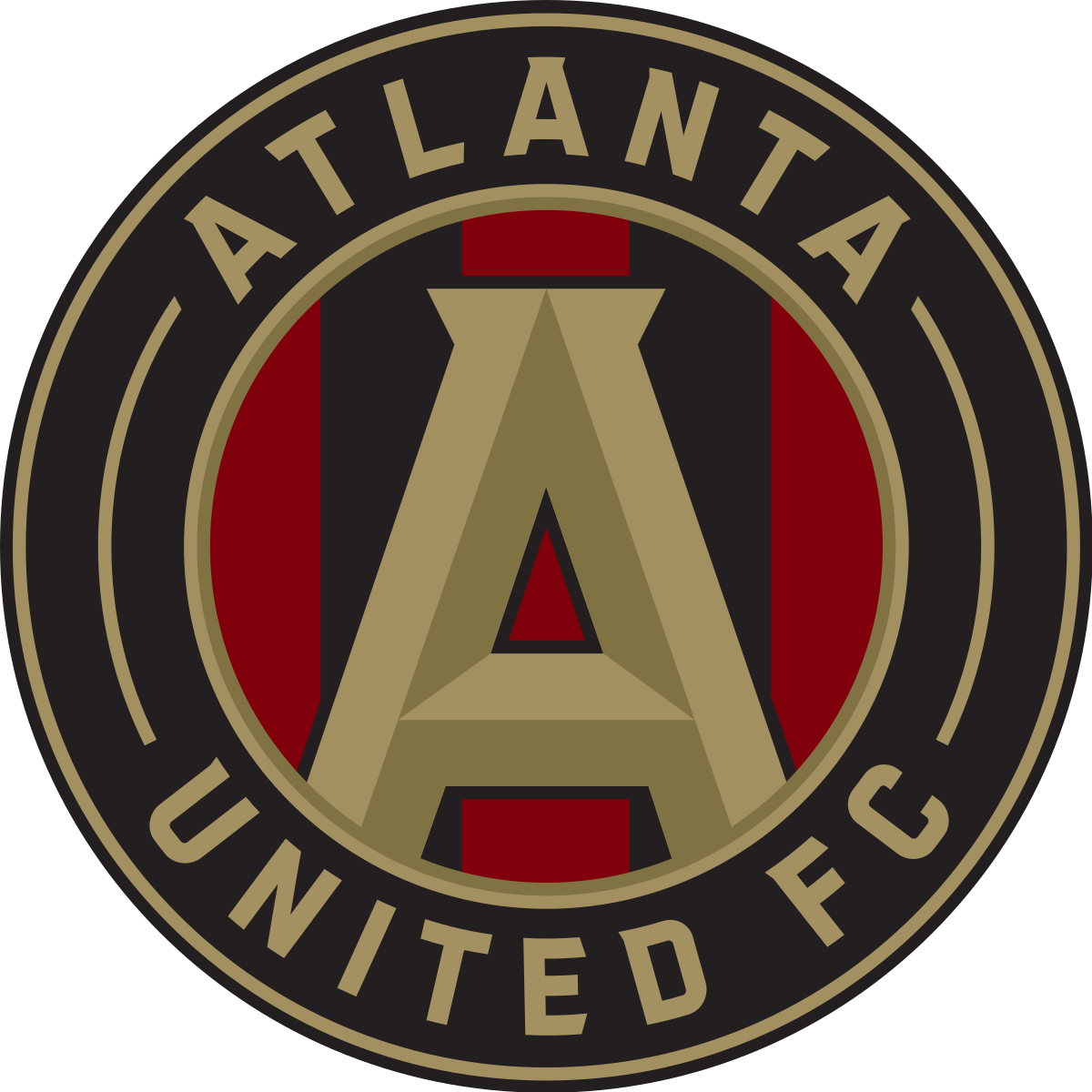 The logo for Atlanta United FC features a large gold letter "A" in the center with black and red vertical stripes in the background, encircled by a black ring with "Atlanta United FC" in gold, symbolizing its strong affiliations within the community.