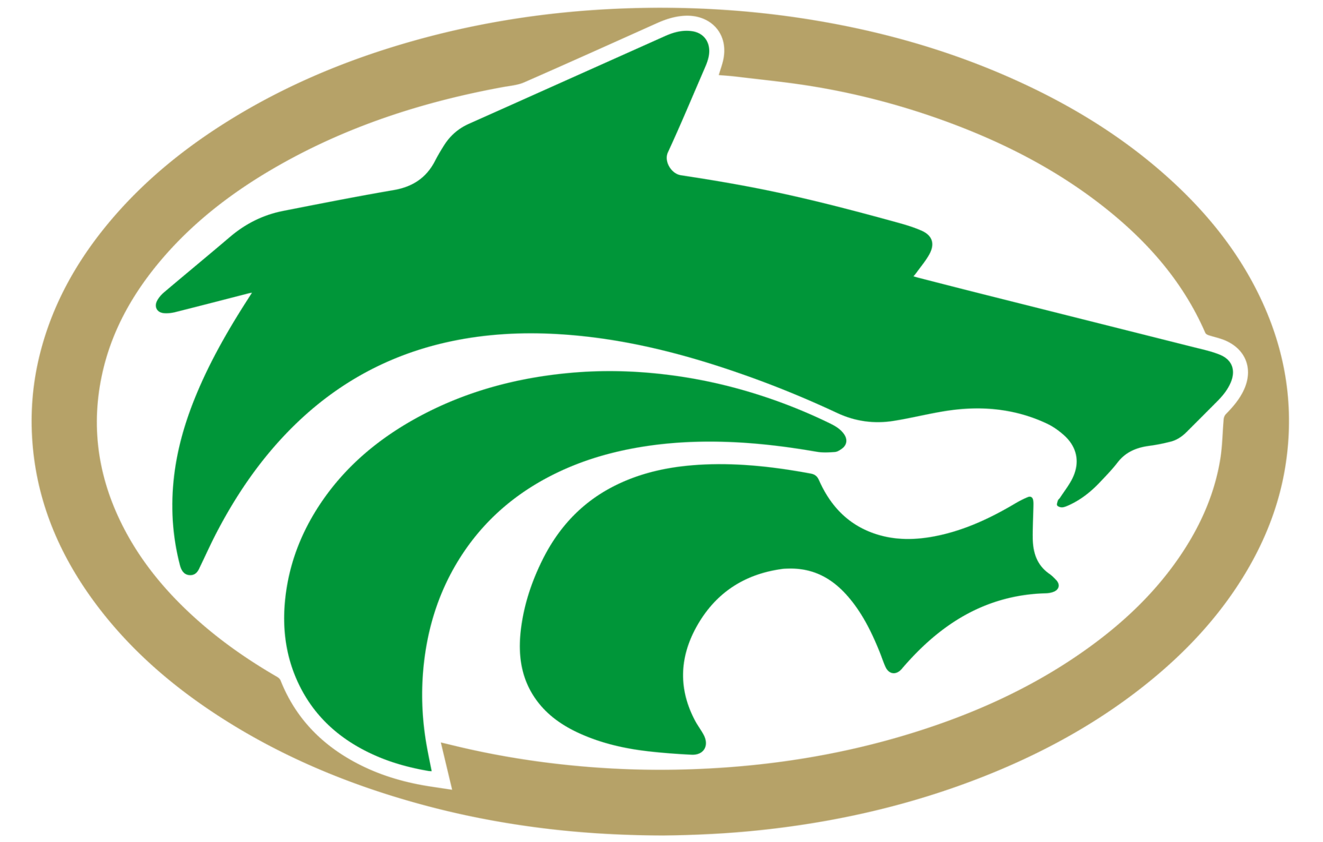 A logo featuring a green stylized dog head and tail within a circular gold frame against a black background, symbolizing various affiliations.