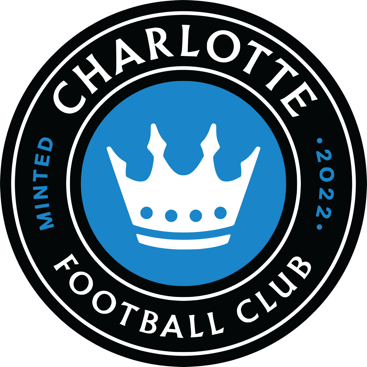 A circular logo with a white crown on a blue background, surrounded by the text "Charlotte Football Club," "Minted," and "2022," proudly showcasing its affiliations.