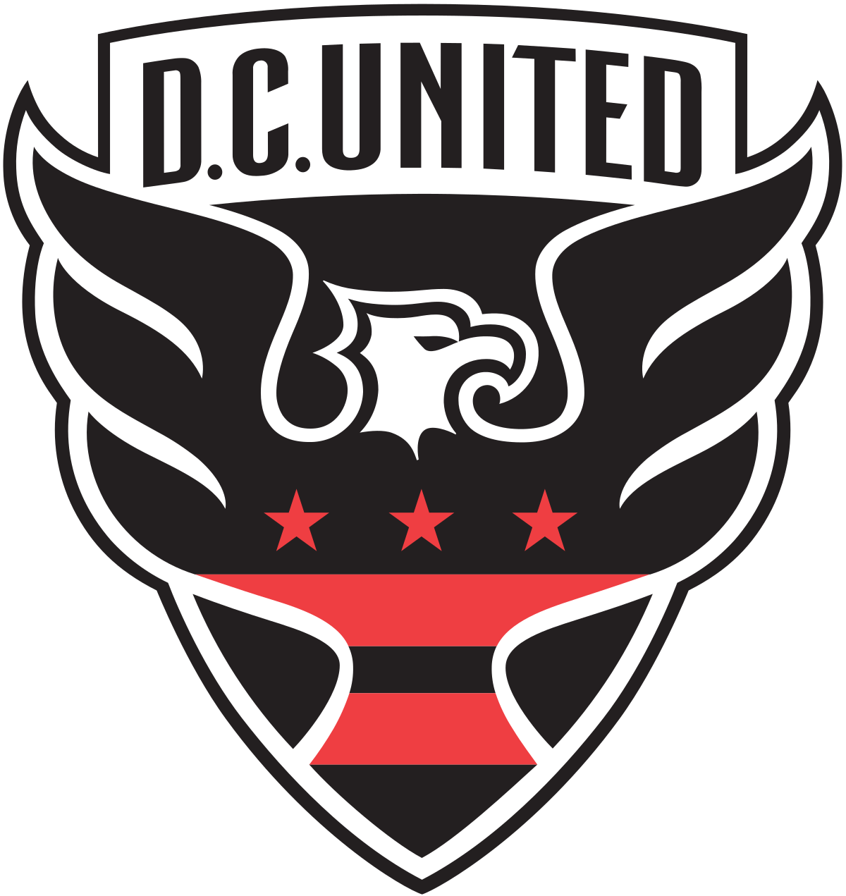 D.C. United logo featuring a black eagle with wings spread, three red stars, and two red stripes, with the name "D.C. United" at the top, symbolizing their strong affiliations and heritage in the capital city.