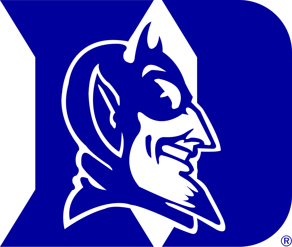 A blue and white devil mascot logo with pointed ears and horns, set against a blue background with a black "D" shape outline, symbolizing strong affiliations.