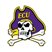 The logo features a pirate skull with a yellow bandana and an eyepatch, donning a purple hat with yellow trim, and the letters "ECU" in yellow. Crossed bones sit behind the skull, symbolizing its bold affiliations.