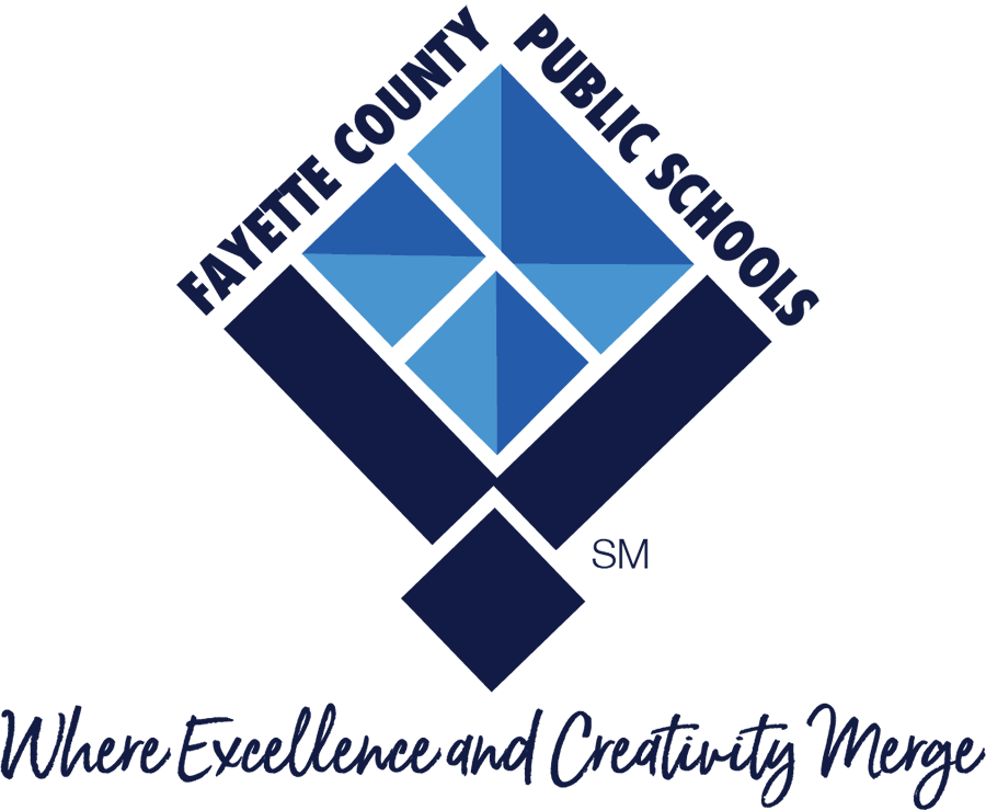 Logo of Fayette County Public Schools featuring a diamond-shaped design with blue squares and the slogan "Where Excellence and Creativity Merge," highlighting its strong partnerships in education.