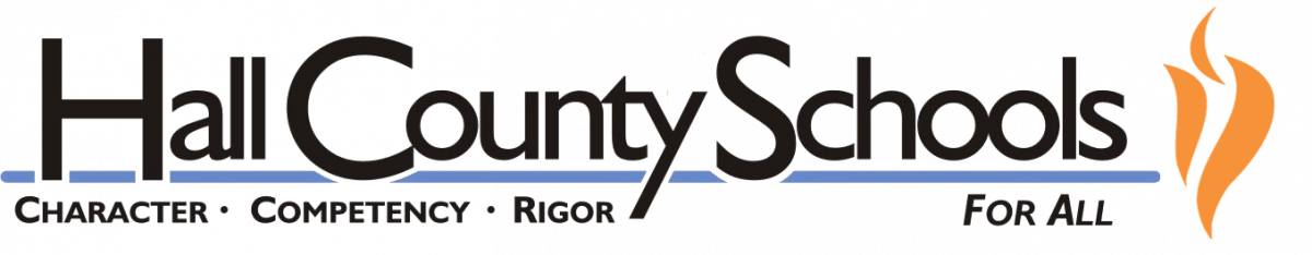 Logo of Hall County Schools with the text "Character, Competency, Rigor, For All" and an orange flame graphic on the right, symbolizing our strong partnerships.