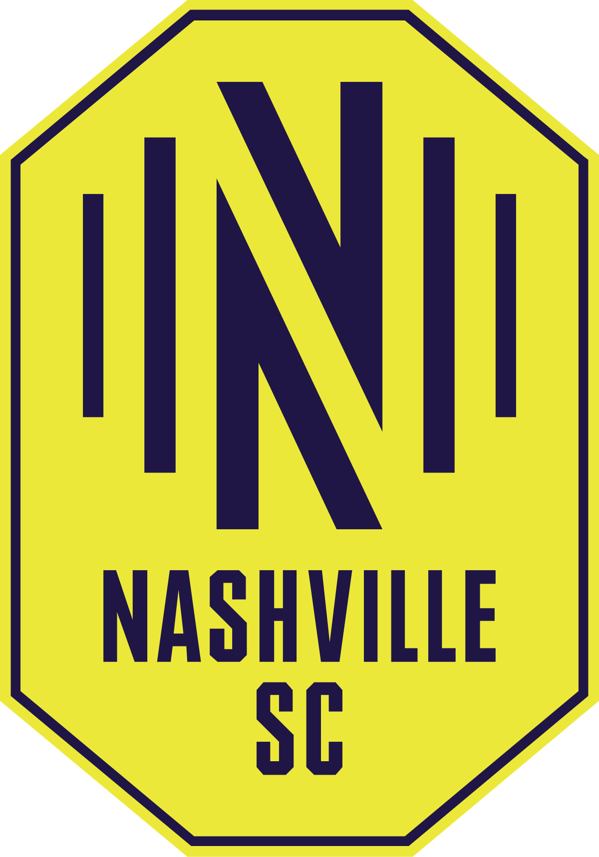 The image shows the Nashville SC logo, featuring a yellow octagonal shape with the letters "N" and "I" in navy blue, symbolizing its collaborations within the community, with the words "Nashville SC" written below.