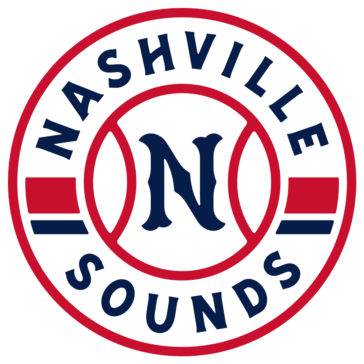 Circular logo of the Nashville Sounds featuring a red and white baseball design with a navy blue 'N' in the center, highlighting their partnerships, with the team name in bold red letters.