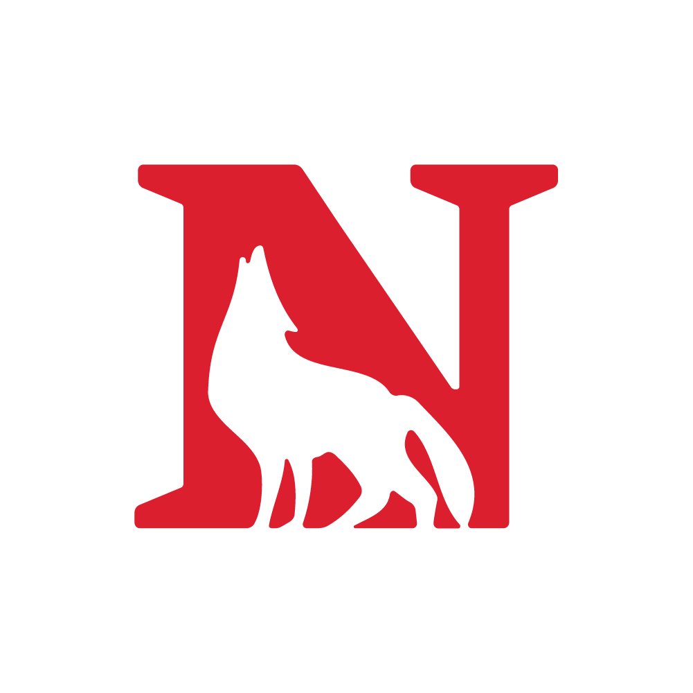 A red uppercase letter "N" with the silhouette of a howling wolf, symbolizing strong affiliations, integrated into its left side.