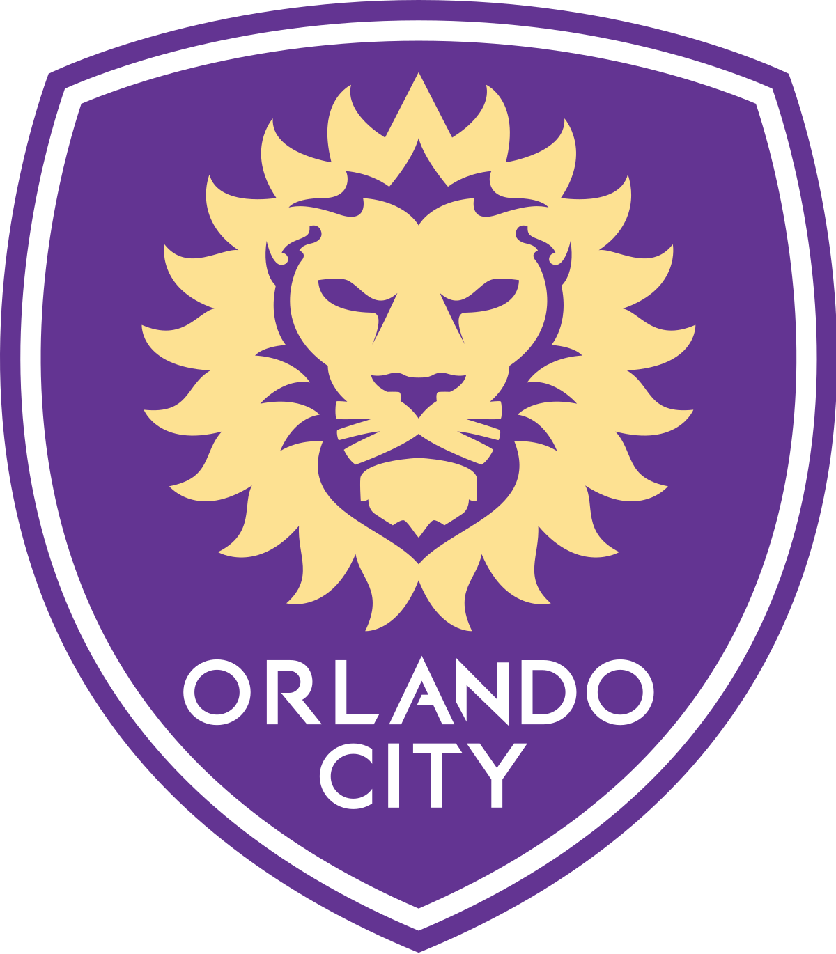 A purple shield with a golden lion head in the center and the words "Orlando City" written below in white letters, showcasing proud affiliations.