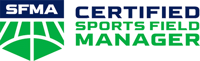 Logo of the Sports Field Management Association (SFMA) displaying the words "Certified Sports Field Manager" in green and blue text. For more details, visit our About Us section.