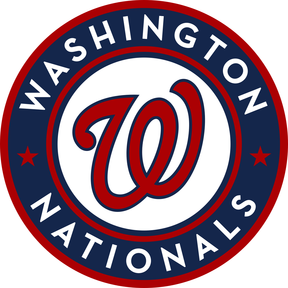 The image shows the Washington Nationals logo, featuring a stylized red "W" in a white circle with "Washington Nationals" written around it in blue and red stars on the sides, symbolizing their affiliations and strong partnerships within the league.