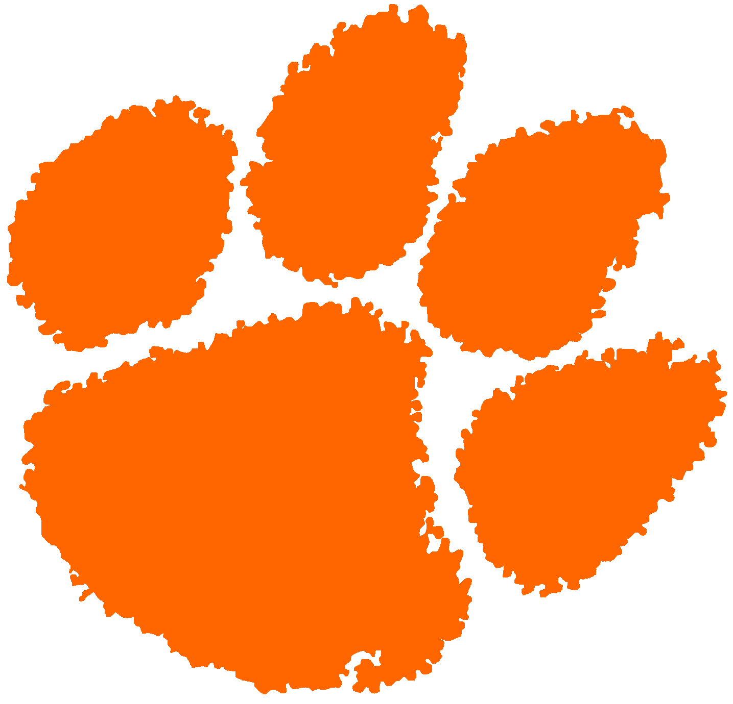 An orange paw print with four toes and a large pad, resembling a tiger paw, represents the quality and dedication of our sports turf company.