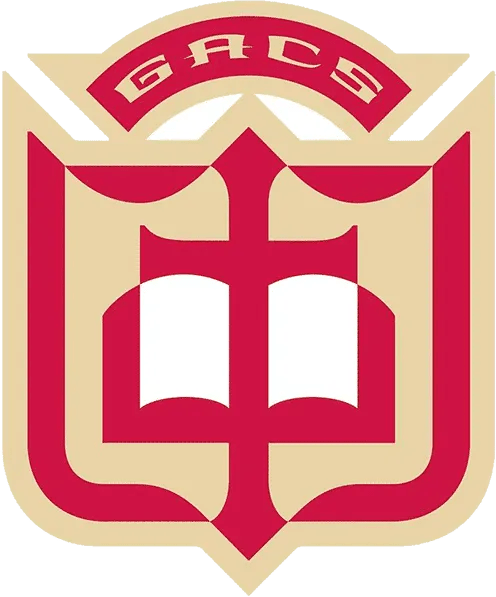 Red and beige logo of Greater Atlanta Christian School featuring an open book at the center, symbolizing its strong affiliations, with the initials "GACS" at the top.